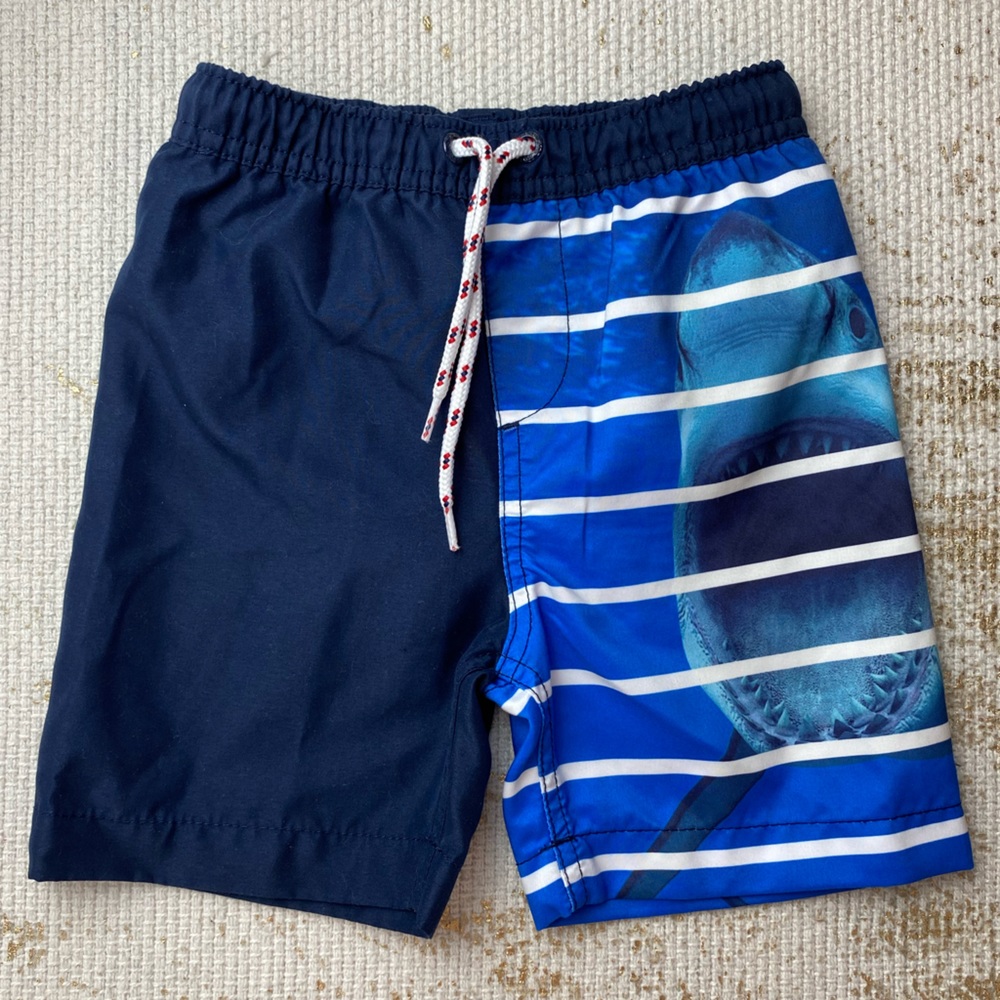 LANDS END Boys Navy Shark Swim Trunks | Size 4T